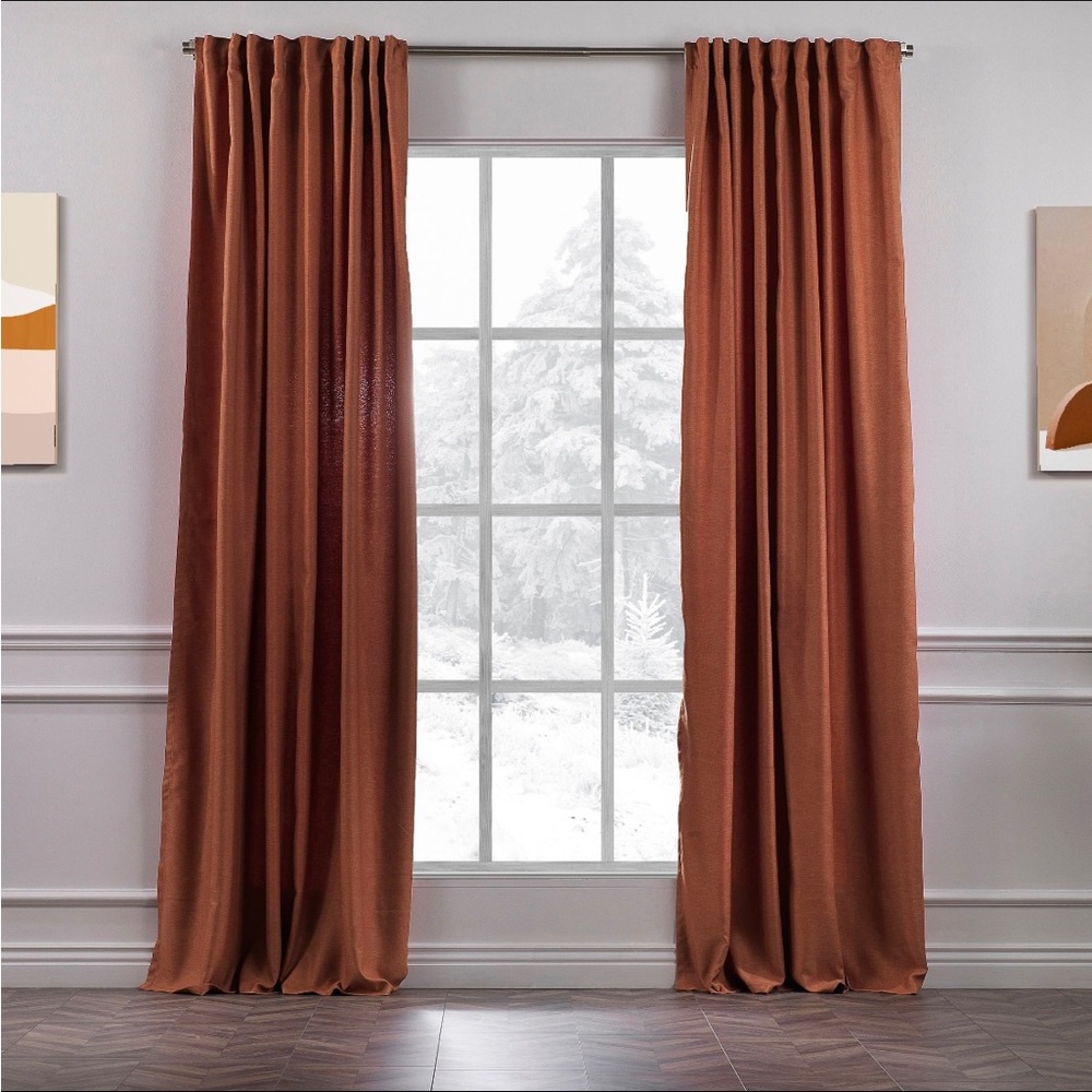 Burnt orange blackout curtains. Two 75”W x 95”L panels. Brand new in package.